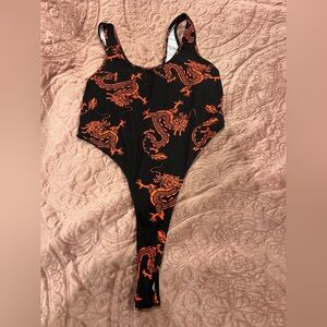 Fashion Nova Black & Orange Dragon Print High-Cut One-Piece Swimsuit